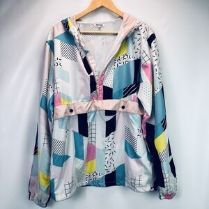 Ragstock Geometric Windbreaker Jacket L Pastel Abstract Half Zip Hooded